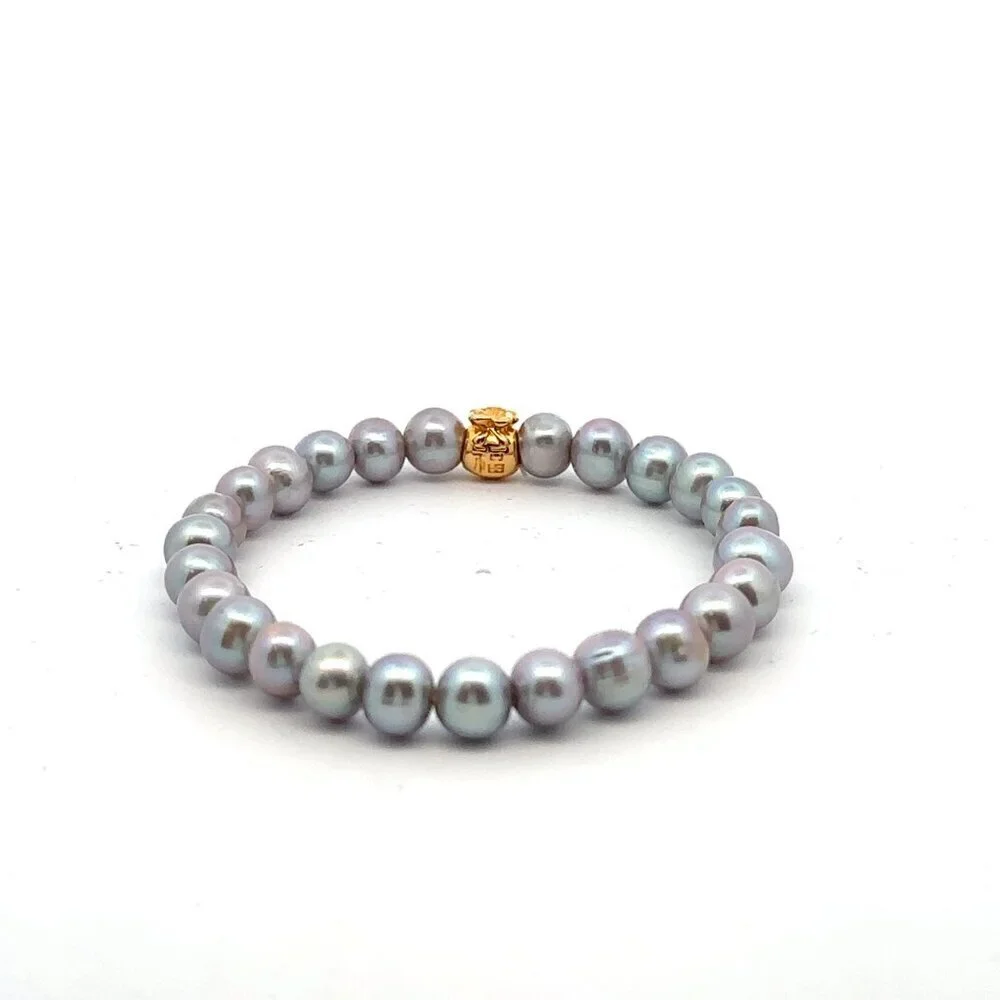 18K Gold Money Bag Lucky Charm Gray Pearl 6-7mm x 6-7.5mm - Picture 7 of 9